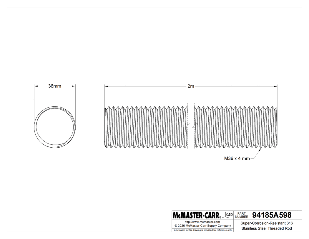 Technical Drawing of Super-Corrosion-Resistant 316 Stainless Steel Threaded Rod, M36 x 4 mm Thread Size, 2 M Long.